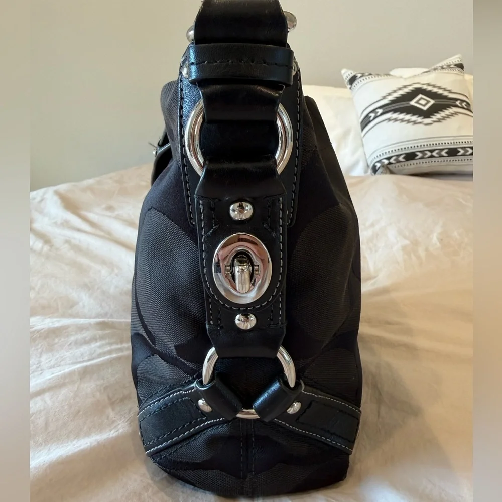 Coach Signature Black Canvas Shoulder Hobo with Silver Hardware - Picture 2 of 12